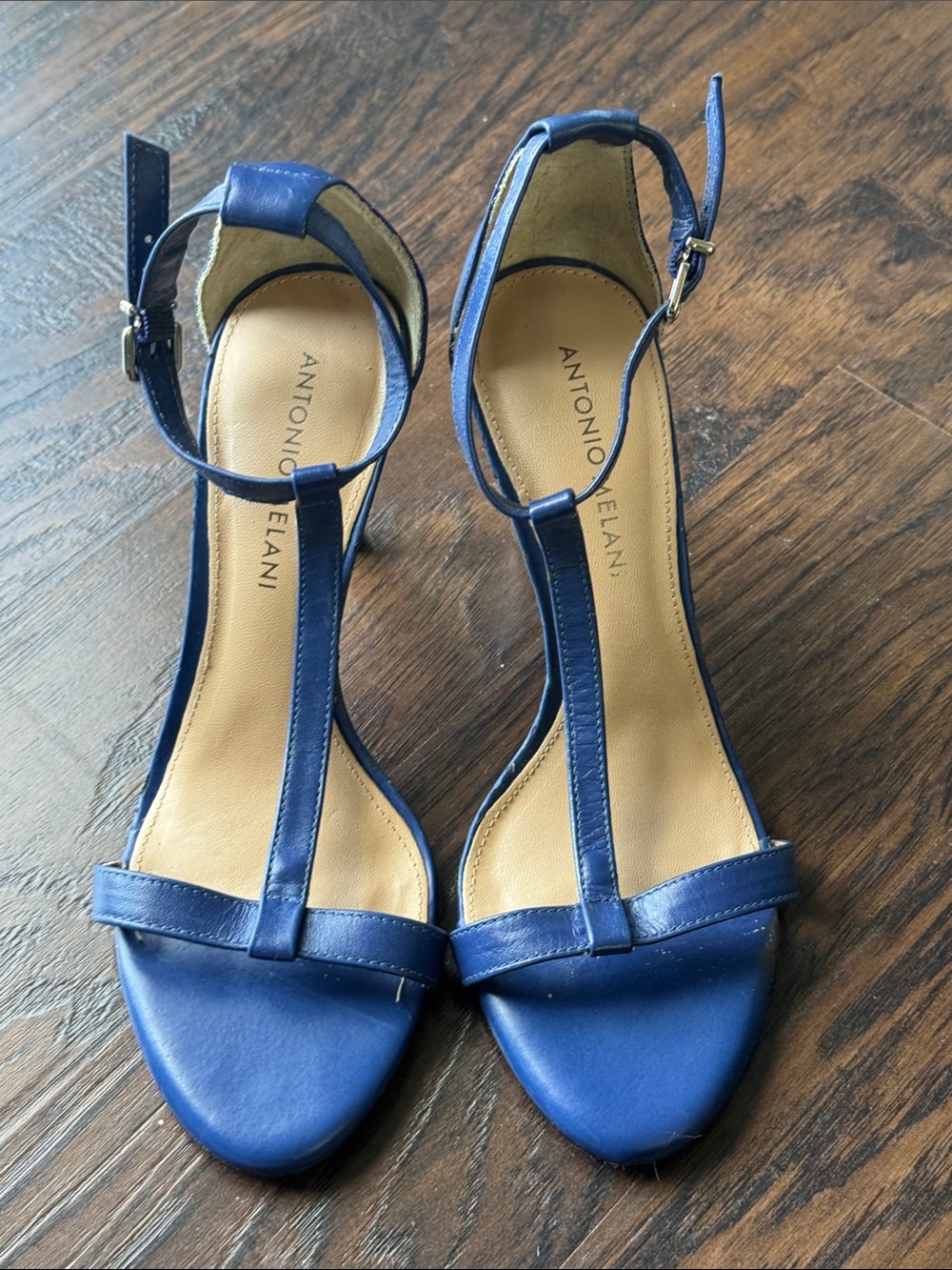 ANTONIO MELANI Leather Cobalt Blue T-Strap Ankle Strap Heels